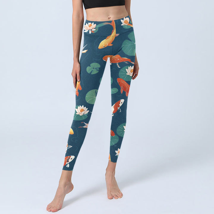 Leggings da palestra con stampa di Buddha Stones, pesce koi, fiore di loto, foglie di loto, pantaloni da yoga da donna - image 5