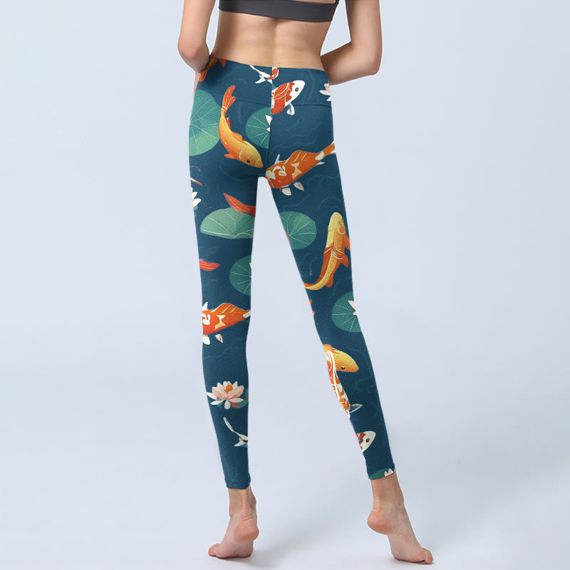 Leggings da palestra con stampa di Buddha Stones, pesce koi, fiore di loto, foglie di loto, pantaloni da yoga da donna - image 6