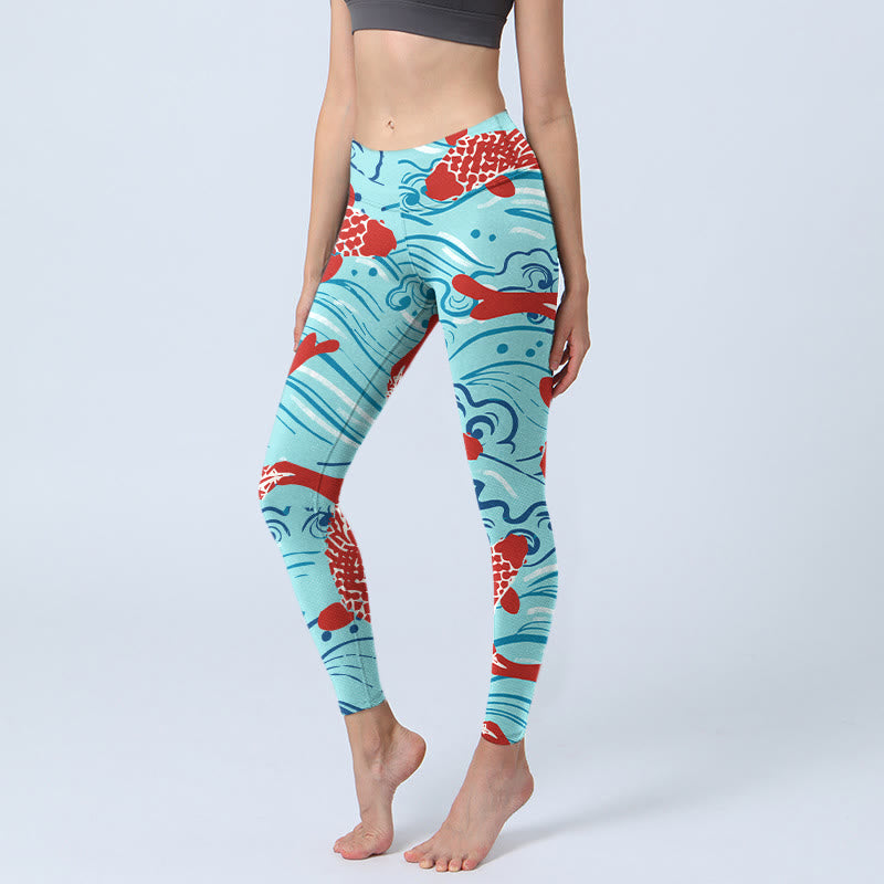 Leggings da palestra con stampa a onde Buddha Stones Koi Fish, pantaloni da yoga da donna - Ciano - US18, UK/AU22, EU50 (4XL) - image 1