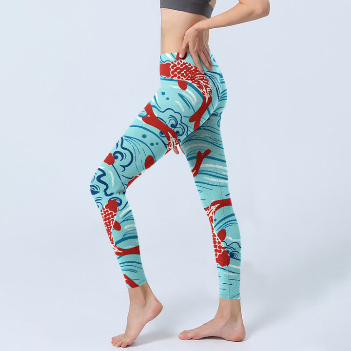 Leggings da palestra con stampa a onde Buddha Stones Koi Fish, pantaloni da yoga da donna - image 3