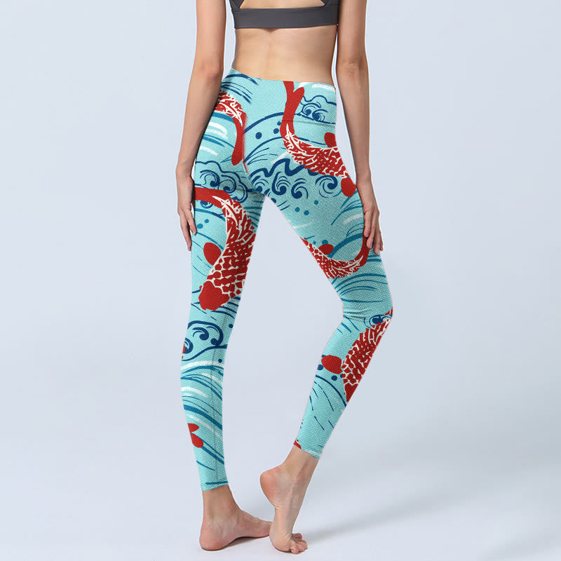 Leggings da palestra con stampa a onde Buddha Stones Koi Fish, pantaloni da yoga da donna - image 3