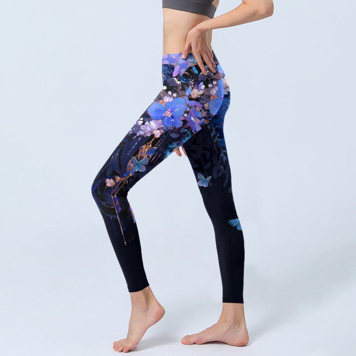 Leggings da palestra con stampa a farfalla e fiori viola Buddha Stones, pantaloni da yoga da donna - image 3