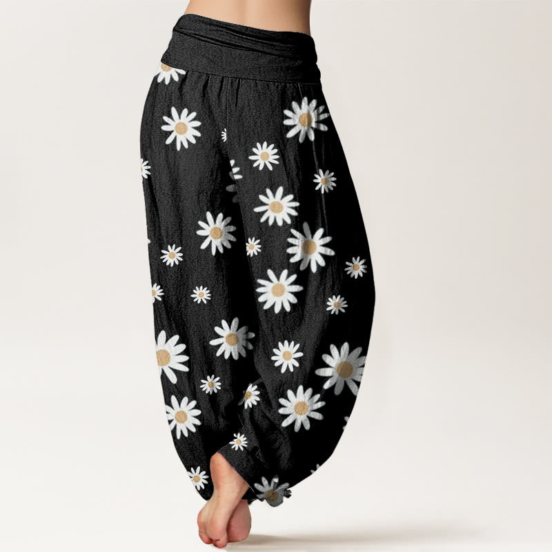 Pantaloni harem da donna con elastico in vita e motivo a margherite bianche casual Buddha Stones - image 2