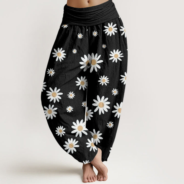 Pantaloni harem da donna con elastico in vita e motivo a margherite bianche casual Buddha Stones - Nero - US22, UK/AU26, EU54 (6XL) - image 1