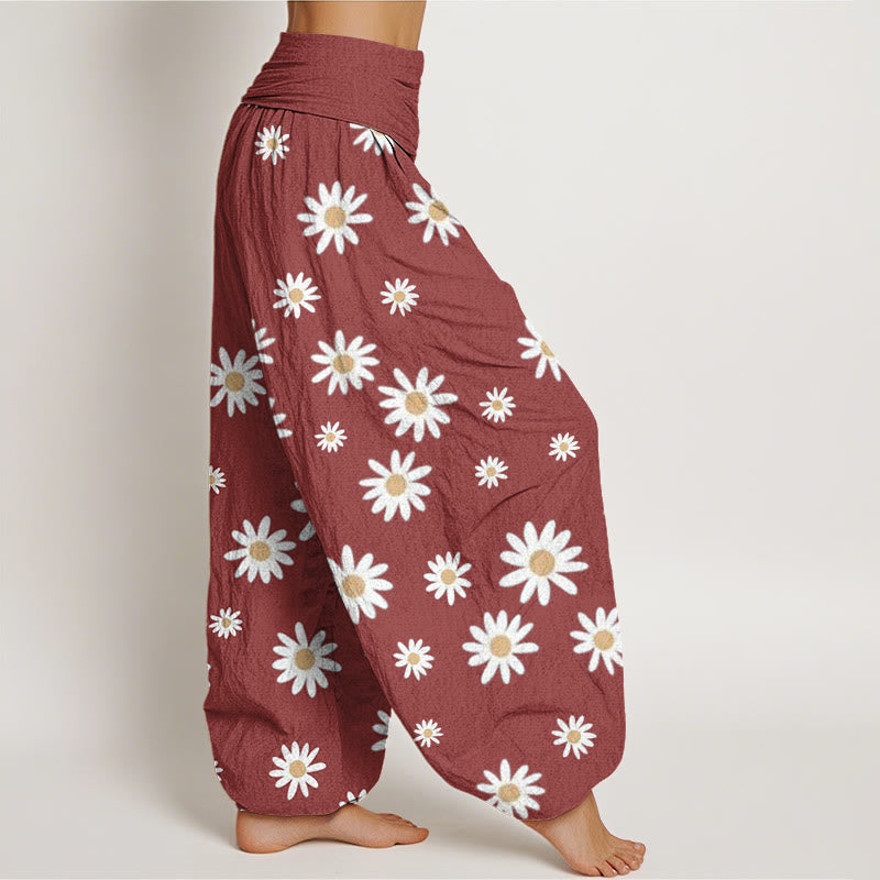 Pantaloni harem da donna con elastico in vita e motivo a margherite bianche casual Buddha Stones - image 7