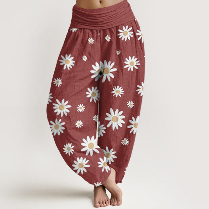 Pantaloni harem da donna con elastico in vita e motivo a margherite bianche casual Buddha Stones - IndianRed - US22, UK/AU26, EU54 (6XL) - image 5