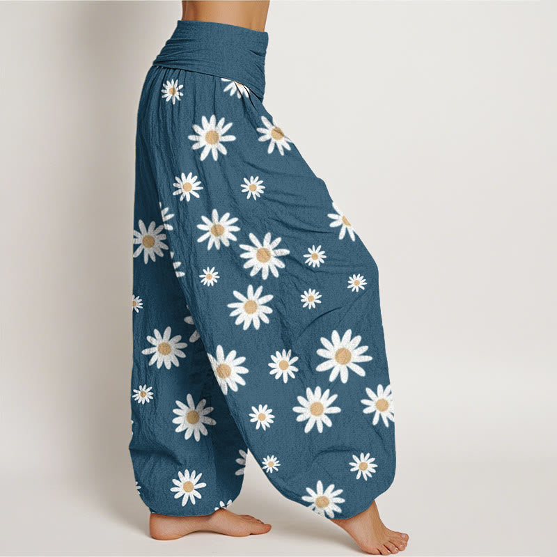 Pantaloni harem da donna con elastico in vita e motivo a margherite bianche casual Buddha Stones - image 10