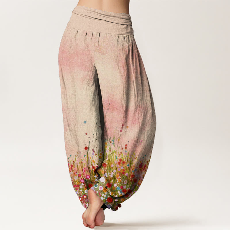 Pantaloni harem da donna con elastico in vita, in cotone, casual, con motivo di fiori selvatici colorati, motivo Buddha Stones - image 1