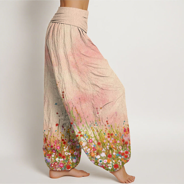 Pantaloni harem da donna con elastico in vita, in cotone, casual, con motivo di fiori selvatici colorati, motivo Buddha Stones - image 2