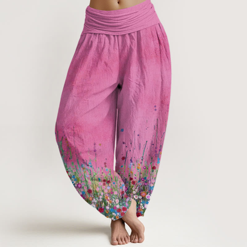 Pantaloni harem da donna con elastico in vita, modello Buddha Stones, casual, colorati, con motivo di campo di fiori selvatici - Rosa intenso - US22, UK/AU26, EU54 (6XL) - image 8