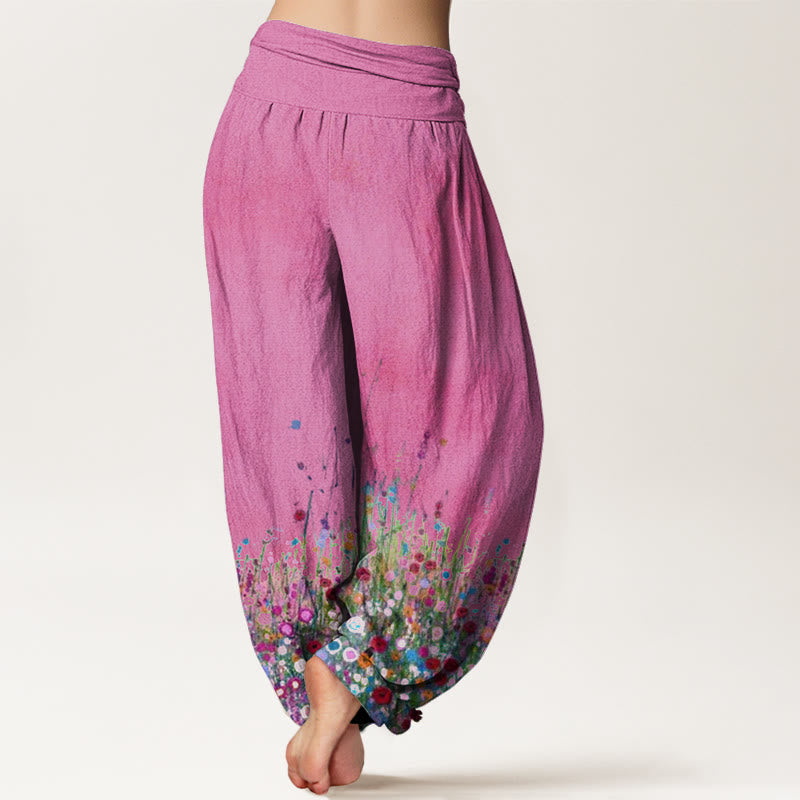 Pantaloni harem da donna con elastico in vita, modello Buddha Stones, casual, colorati, con motivo di campo di fiori selvatici - image 9