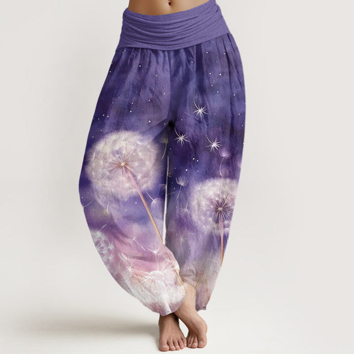 Pantaloni harem da donna con elastico in vita, in cotone, casual, con motivo a tarassaco, motivo Buddha Stones - Viola scuro - US22, UK/AU26, EU54 (6XL) - image 0