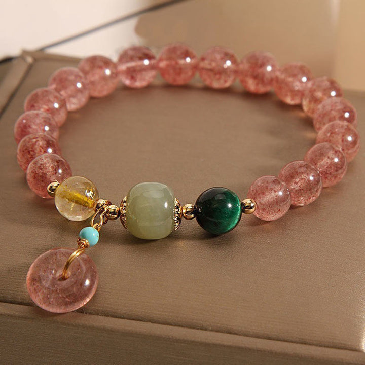Bracciale Buddha Stones in quarzo fragola naturale con fibbia della pace e giada positiva