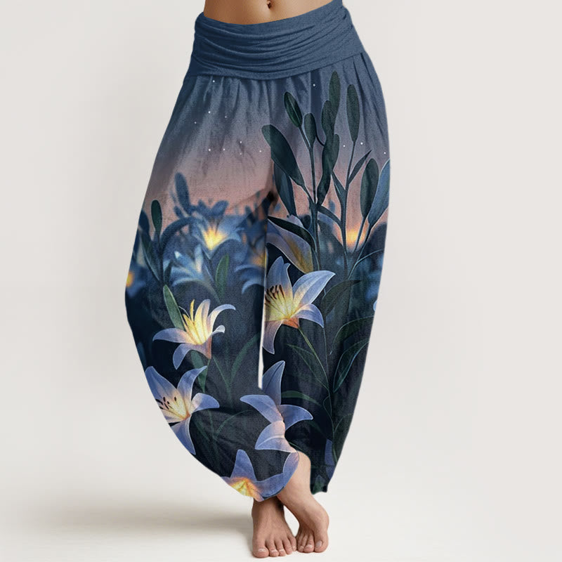 Pantaloni harem da donna con elastico in vita e motivo a giglio casual Buddha Stones - Blu scuro - US22, UK/AU26, EU54 (6XL) - image 1