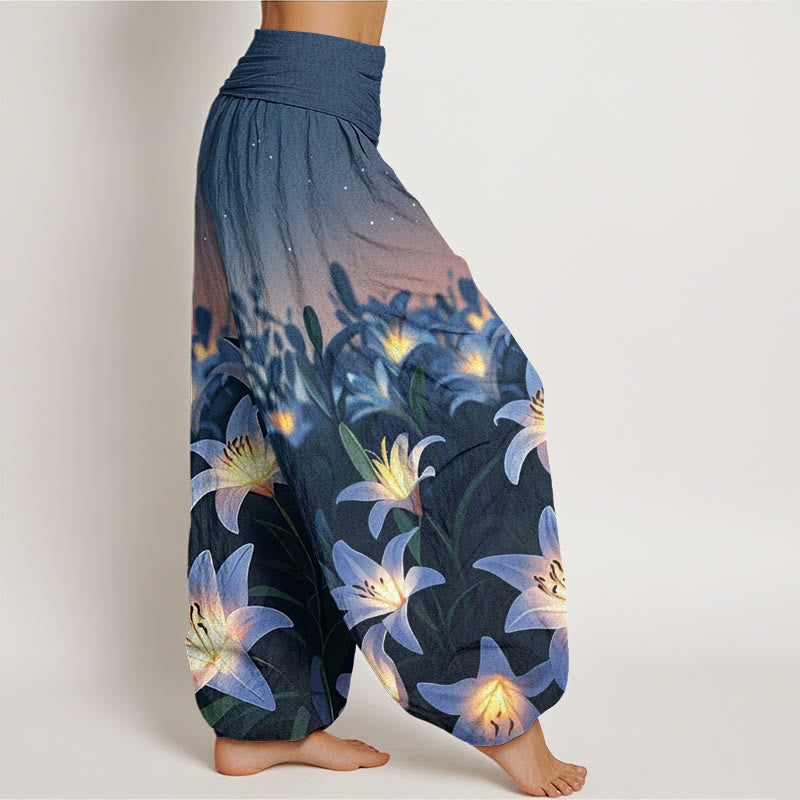 Pantaloni harem da donna con elastico in vita e motivo a giglio casual Buddha Stones - image 3
