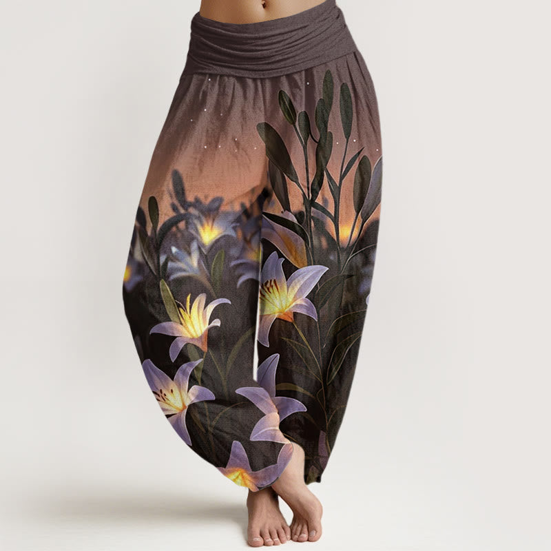 Pantaloni harem da donna con elastico in vita e motivo a giglio casual Buddha Stones - Marrone sella - US22, UK/AU26, EU54 (6XL) - image 5