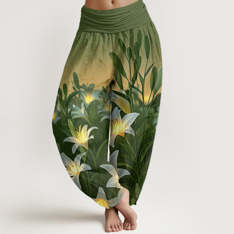Pantaloni harem da donna con elastico in vita e motivo a giglio casual Buddha Stones - Verde oliva - US22, UK/AU26, EU54 (6XL) - image 8