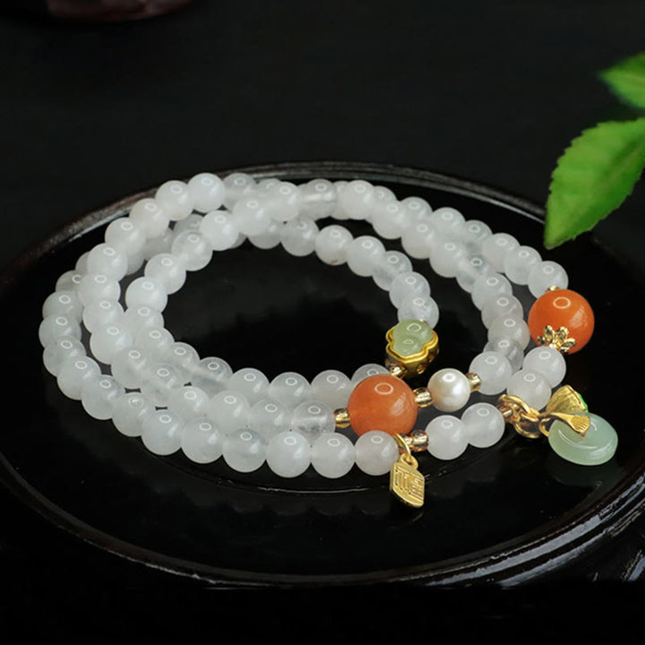 Bracciale portafortuna con fibbia della pace a forma di zucca multistrato in giada bianca naturale con Buddha Stones e carattere Fu