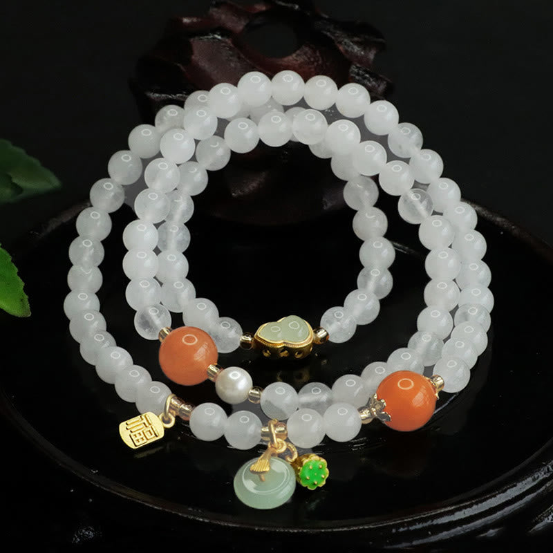 Bracciale portafortuna con fibbia della pace a forma di zucca multistrato in giada bianca naturale con Buddha Stones e carattere Fu
