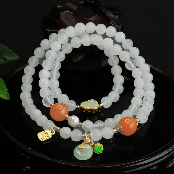 Bracciale portafortuna con fibbia della pace a forma di zucca multistrato in giada bianca naturale con Buddha Stones e carattere Fu