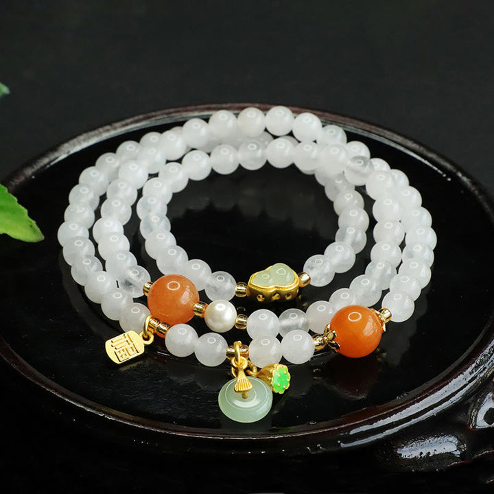 Bracciale portafortuna con fibbia della pace a forma di zucca multistrato in giada bianca naturale con Buddha Stones e carattere Fu