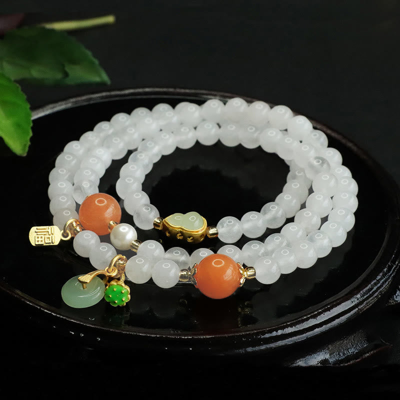 Bracciale portafortuna con fibbia della pace a forma di zucca multistrato in giada bianca naturale con Buddha Stones e carattere Fu