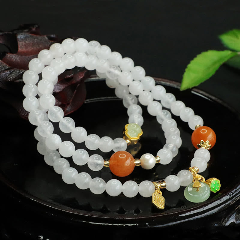 Bracciale portafortuna con fibbia della pace a forma di zucca multistrato in giada bianca naturale con Buddha Stones e carattere Fu