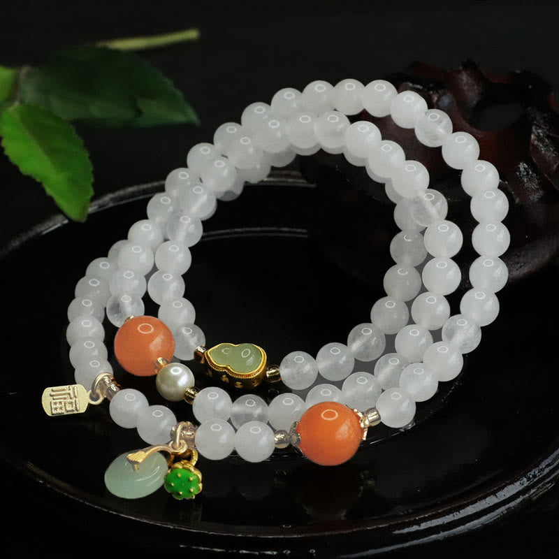Bracciale portafortuna con fibbia della pace a forma di zucca multistrato in giada bianca naturale con Buddha Stones e carattere Fu
