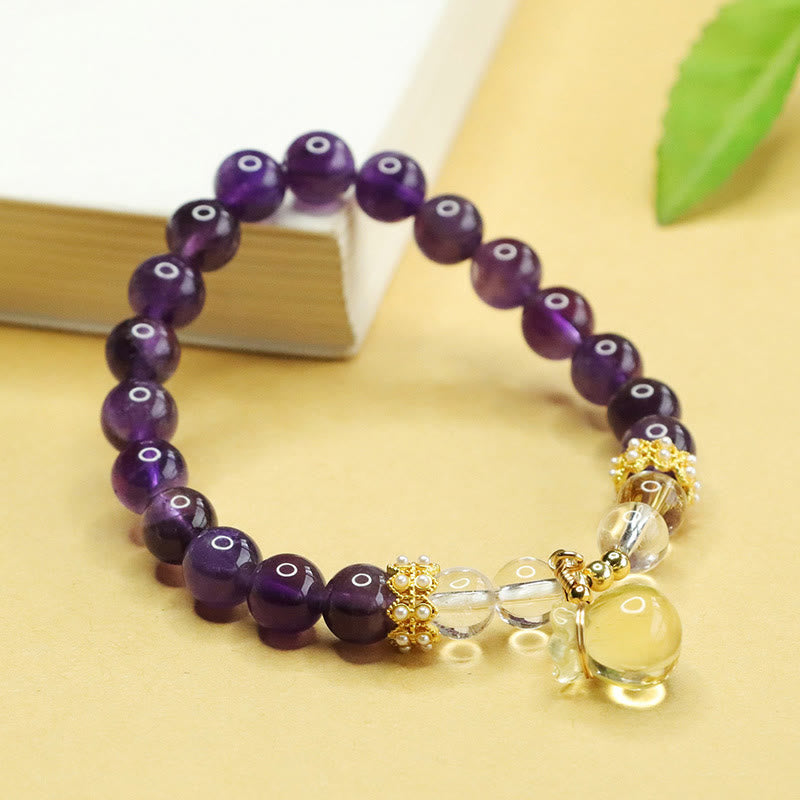Bracciale Buddha Stones con ciondolo a forma di borsa porta soldi in ametista e citrino naturale