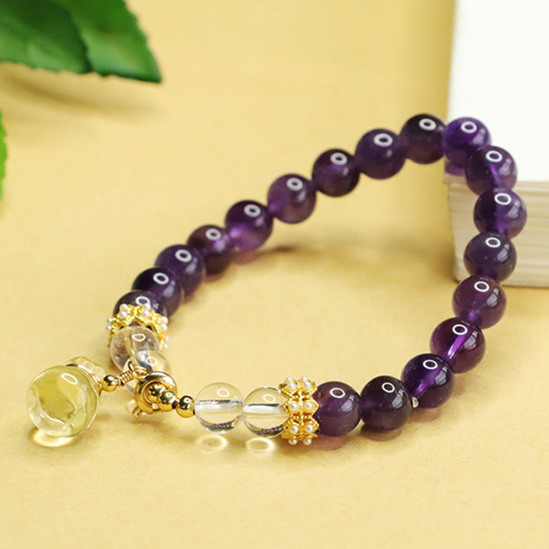 Bracciale Buddha Stones con ciondolo a forma di borsa porta soldi in ametista e citrino naturale