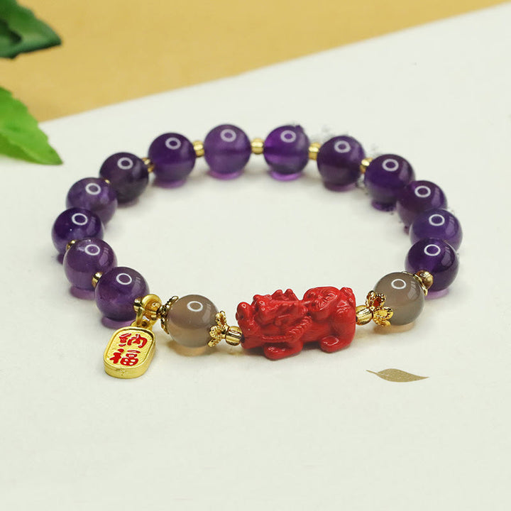 Bracciale dell'equilibrio del carattere Pi Xiu Fu Buddha Stones, ametista naturale e cinabro