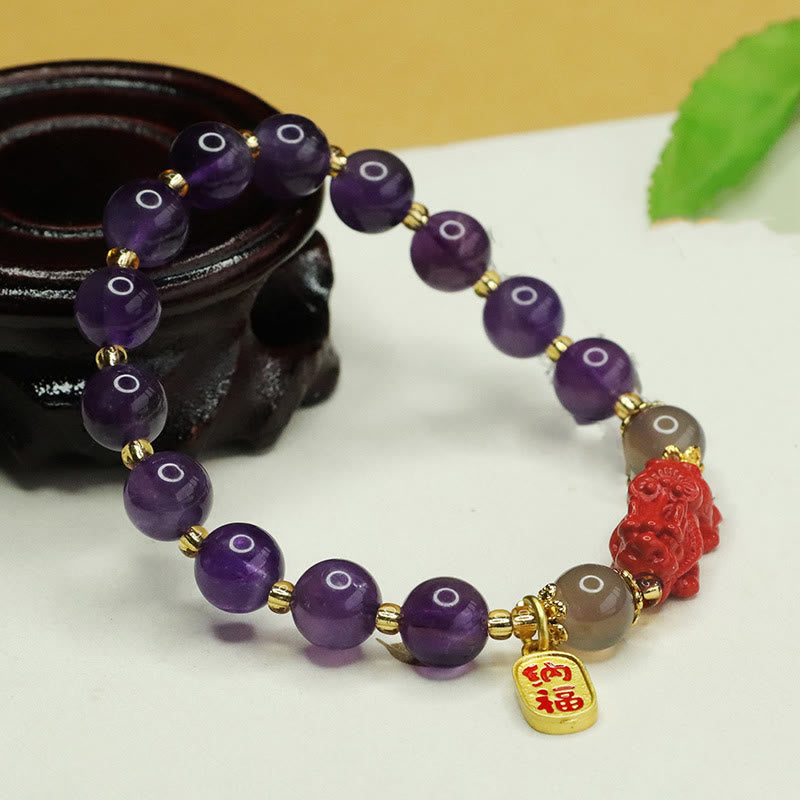 Bracciale dell'equilibrio del carattere Pi Xiu Fu Buddha Stones, ametista naturale e cinabro