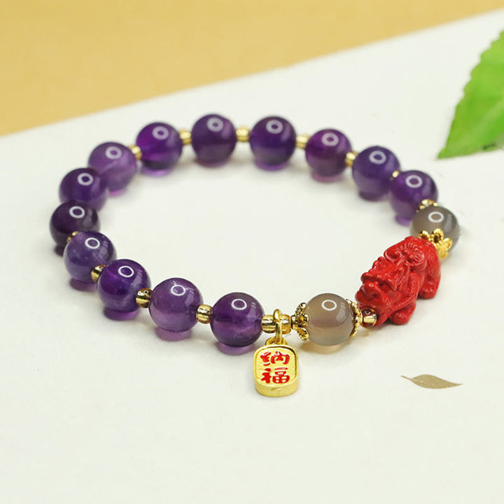 Bracciale dell'equilibrio del carattere Pi Xiu Fu Buddha Stones, ametista naturale e cinabro