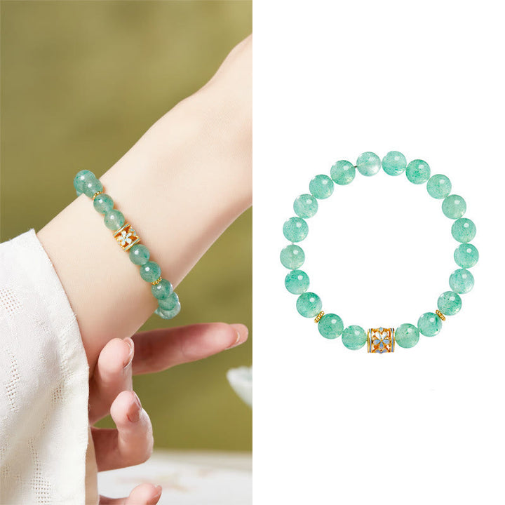 Bracciale Buddha Stones in argento sterling 925 con quarzo fragola verde e fiore calmo