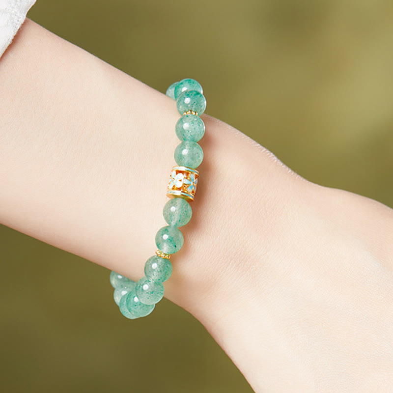 Bracciale Buddha Stones in argento sterling 925 con quarzo fragola verde e fiore calmo