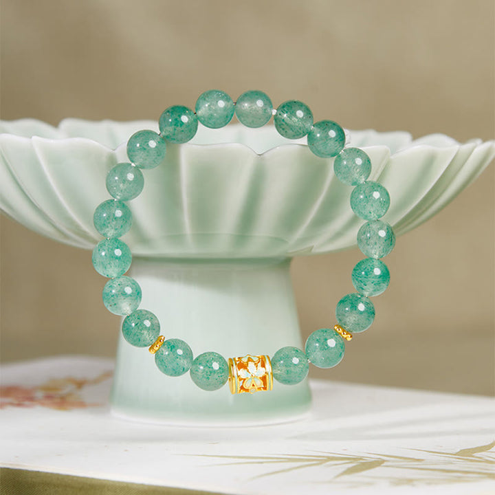 Bracciale Buddha Stones in argento sterling 925 con quarzo fragola verde e fiore calmo