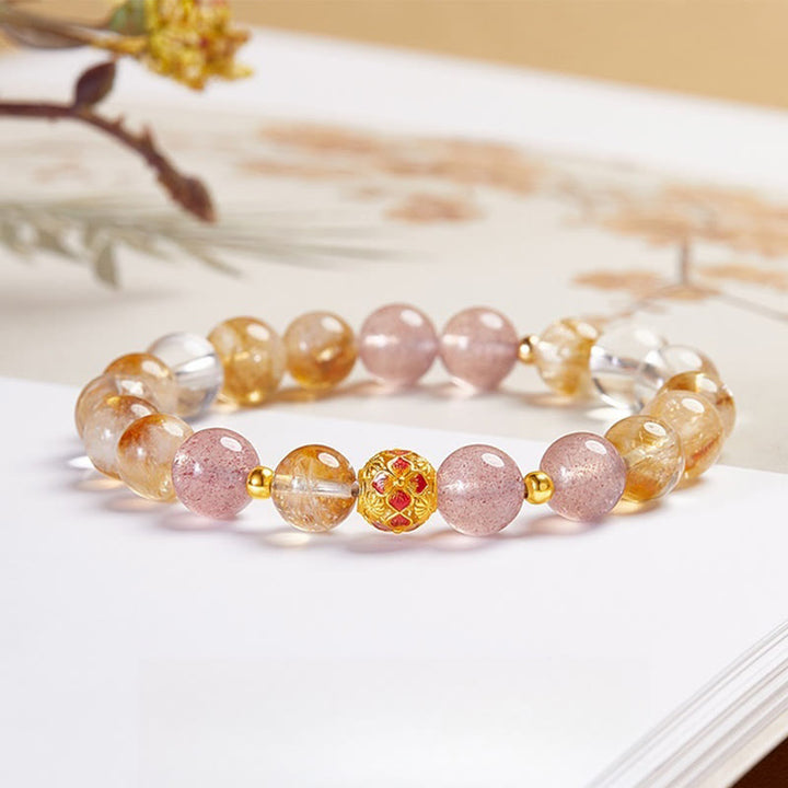 Bracciale di protezione in argento sterling 999 con quarzo citrino e cristallo bianco di fragola Buddha Stones