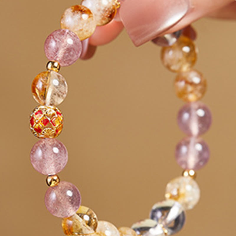 Bracciale di protezione in argento sterling 999 con quarzo citrino e cristallo bianco di fragola Buddha Stones
