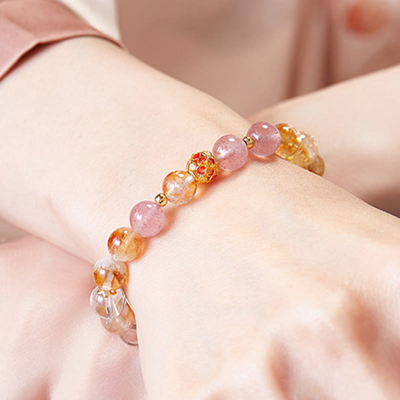 Bracciale di protezione in argento sterling 999 con quarzo citrino e cristallo bianco di fragola Buddha Stones