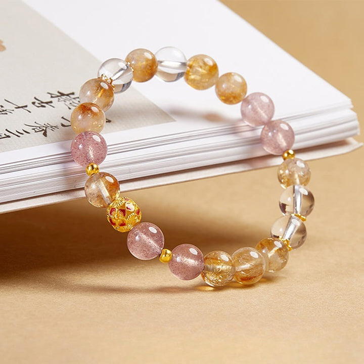 Bracciale di protezione in argento sterling 999 con quarzo citrino e cristallo bianco di fragola Buddha Stones