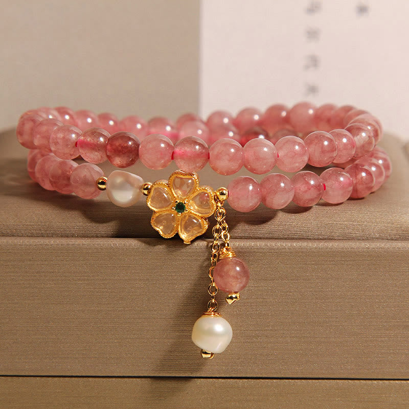 Braccialetto Buddha Stones con design positivo a doppio giro, in quarzo fragola e quadrifoglio