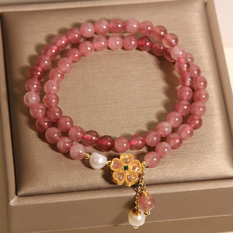 Braccialetto Buddha Stones con design positivo a doppio giro, in quarzo fragola e quadrifoglio
