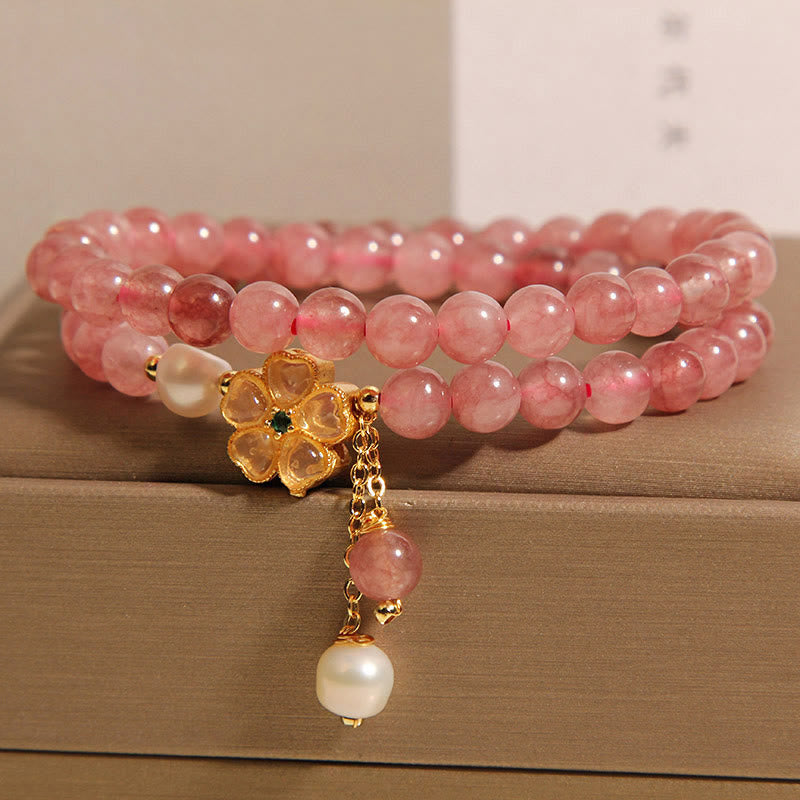 Braccialetto Buddha Stones con design positivo a doppio giro, in quarzo fragola e quadrifoglio