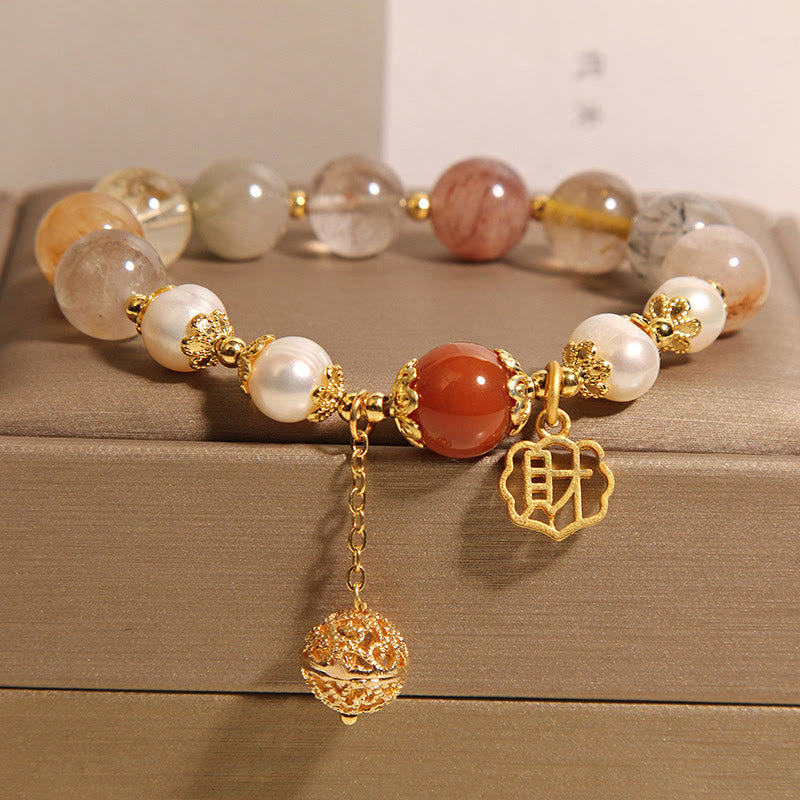 Bracciale Buddha Stones in quarzo rutilato naturale con perle che attraggono fortuna e ricchezza