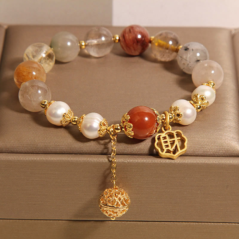 Bracciale Buddha Stones in quarzo rutilato naturale con perle che attraggono fortuna e ricchezza