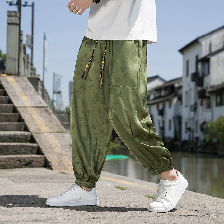 Pantaloni da uomo in cotone con coulisse e tasche, modello Buddha Stones Summer Ice Silk Jacquard Bamboo