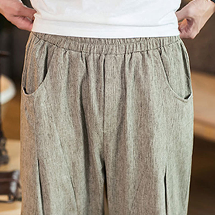 Pantaloni da uomo in cotone e lino con elastico in vita, casual, tinta unita, con coulisse e tasche, modello Buddha Stones