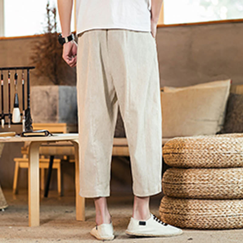 Pantaloni da uomo in cotone e lino con elastico in vita, casual, tinta unita, con coulisse e tasche, modello Buddha Stones
