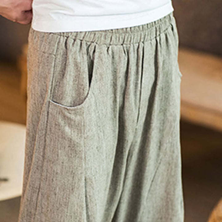 Pantaloni da uomo in cotone e lino con elastico in vita, casual, tinta unita, con coulisse e tasche, modello Buddha Stones