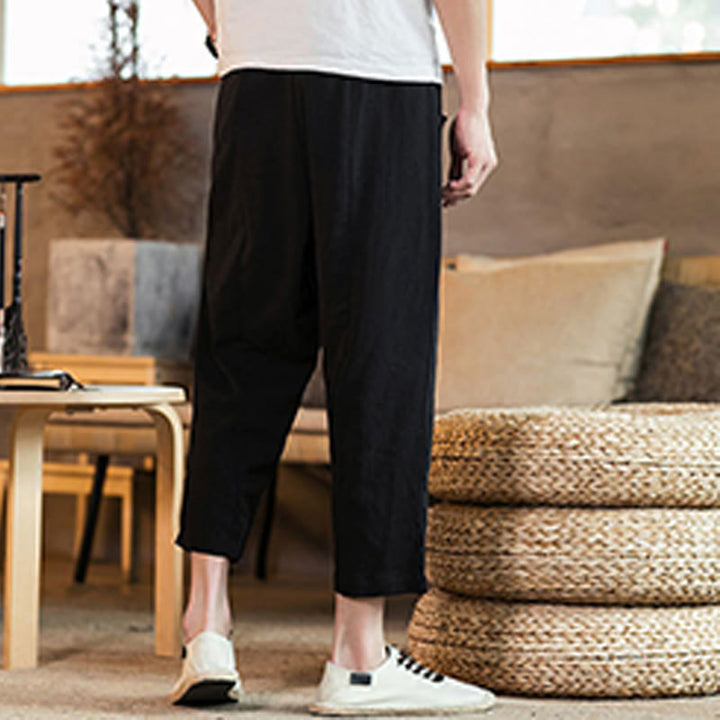 Pantaloni da uomo in cotone e lino con elastico in vita, casual, tinta unita, con coulisse e tasche, modello Buddha Stones